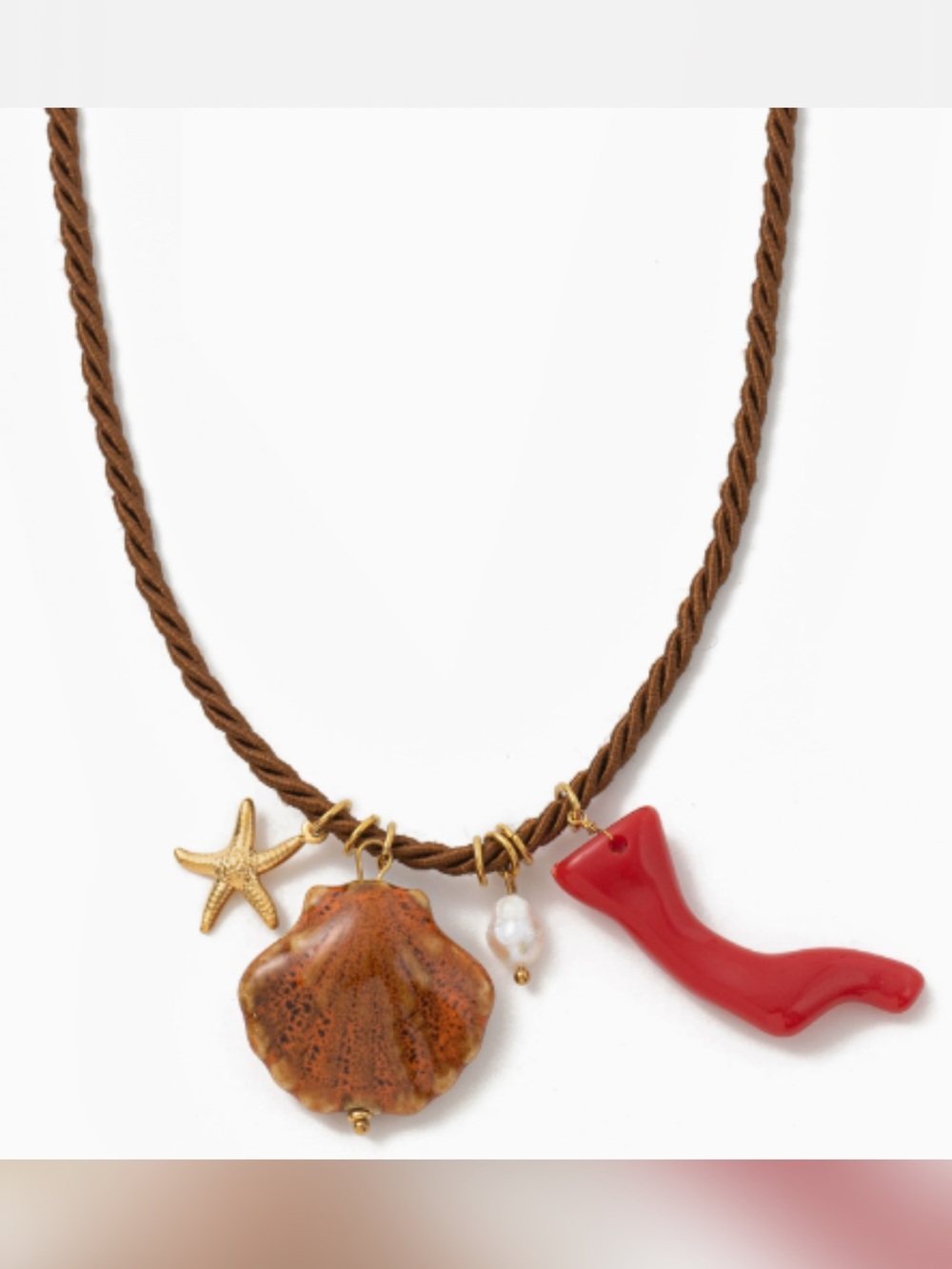 Brown Cord Necklace with Shell, Red Coral Charm & Pearl